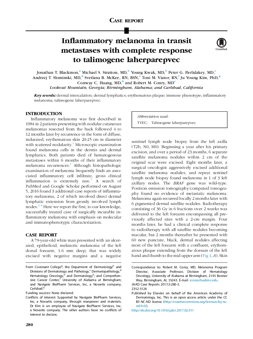 Inflammatory melanoma in transit metastases with complete response to talimogene laherparepvec