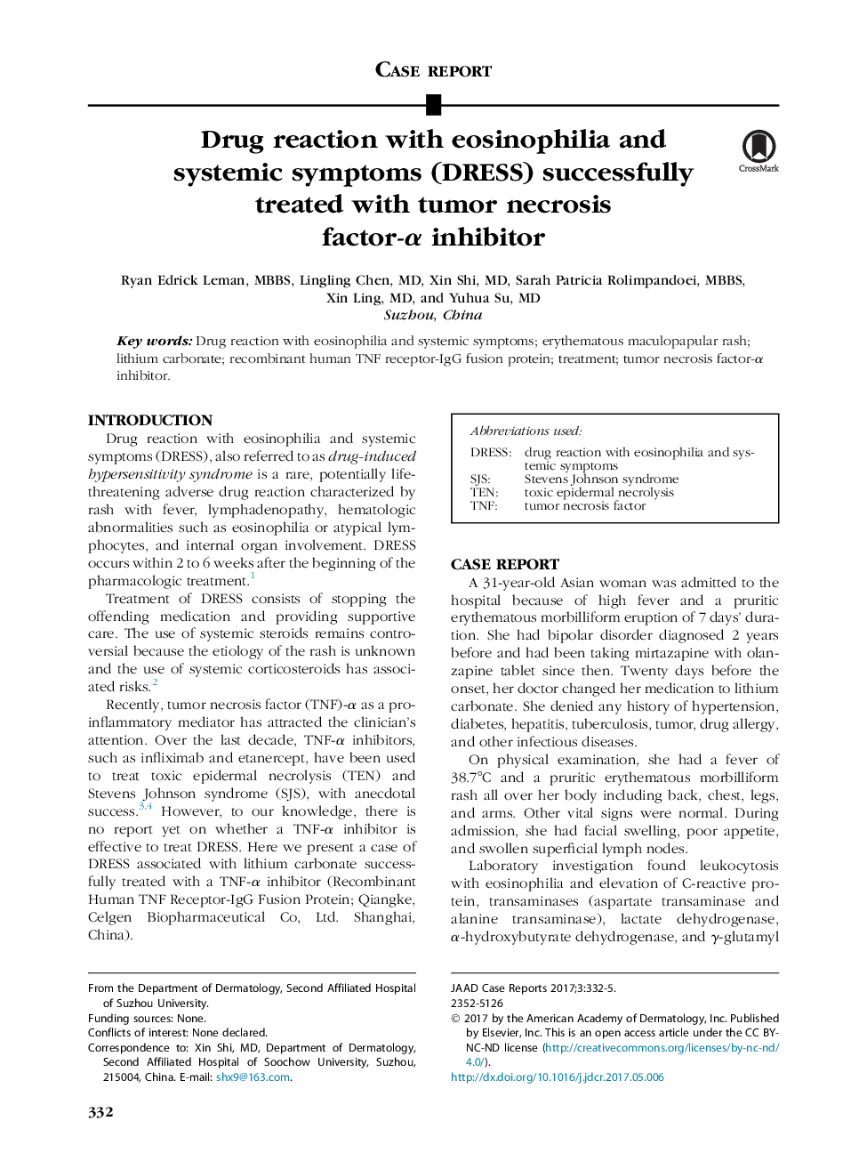 Drug reaction with eosinophilia and systemic symptoms (DRESS) successfully treated with tumor necrosis factor-Î± inhibitor