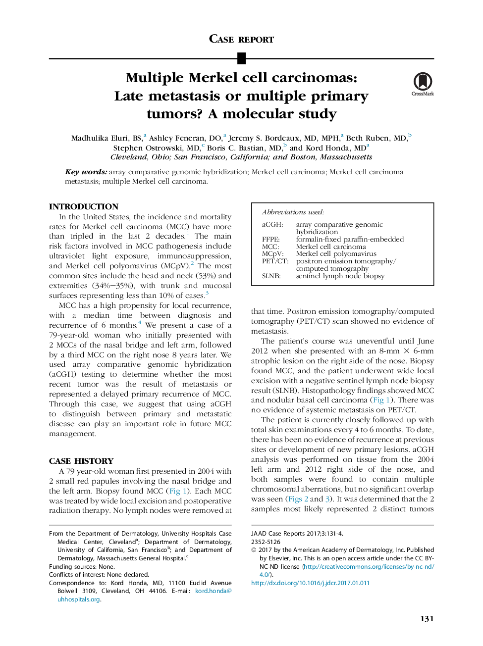 Multiple Merkel cell carcinomas: Late metastasis or multiple primary tumors? A molecular study