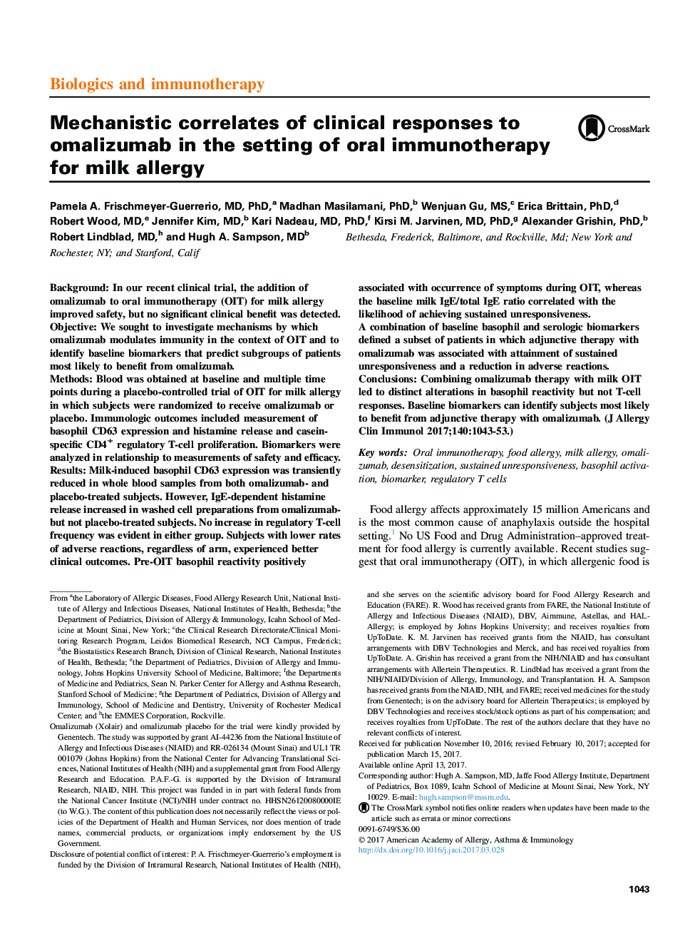 Mechanistic correlates of clinical responses to omalizumab in the setting of oral immunotherapy for milk allergy