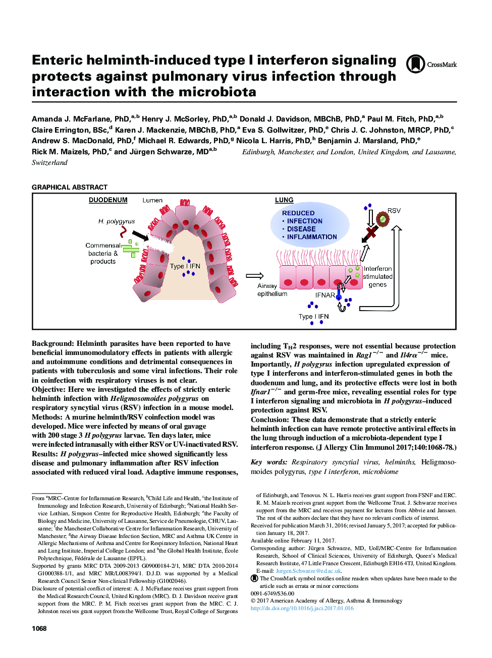 Enteric helminth-induced type I interferon signaling protects against pulmonary virus infection through interaction with the microbiota