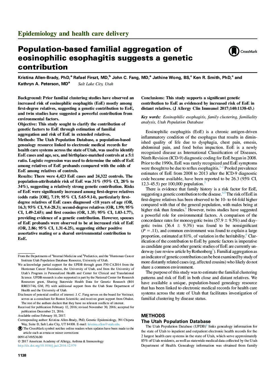 تجمع خانوادگی مبتلا به یوزافاگیت ائوزینوفیلیک مبتنی بر جمعیت، سهم ژنتیکی را نشان می دهد 
