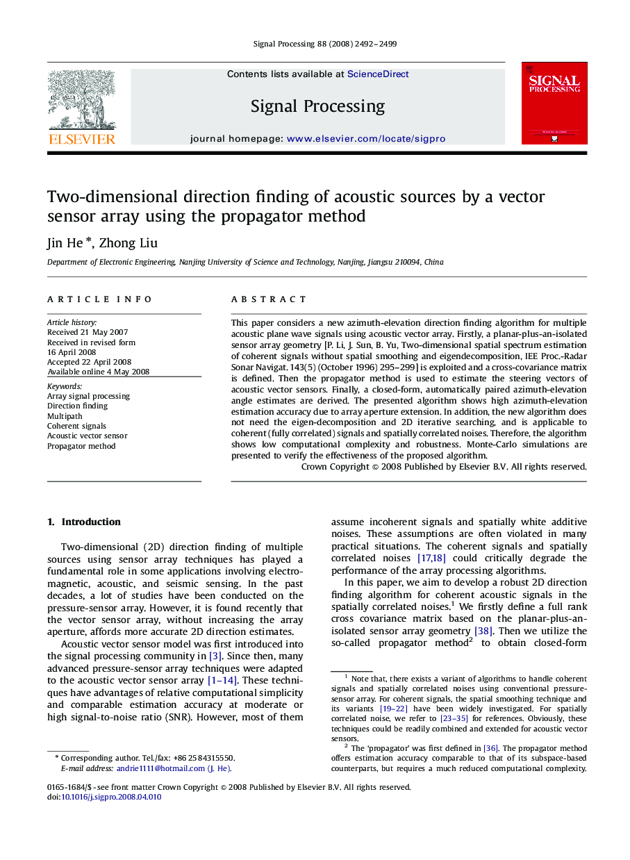 Two-dimensional direction finding of acoustic sources by a vector sensor array using the propagator method