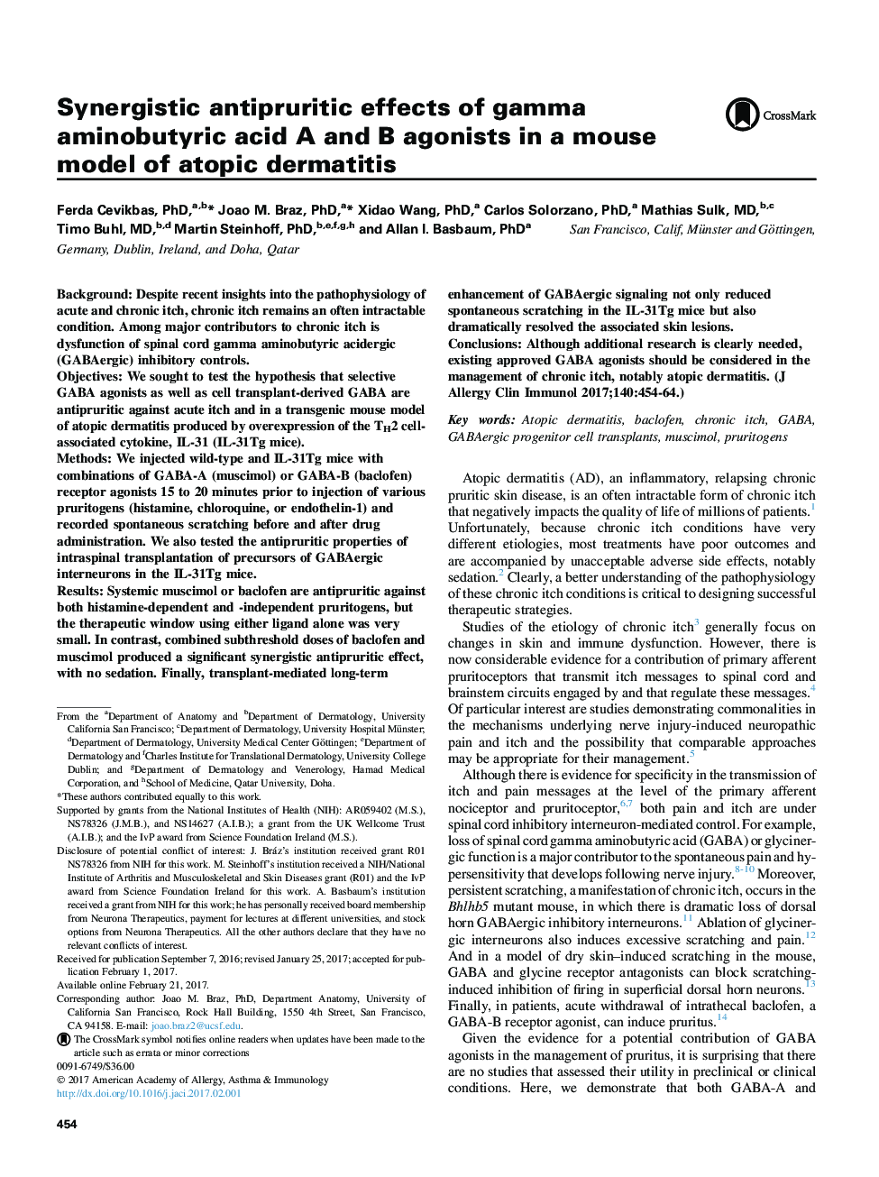 Synergistic antipruritic effects of gamma aminobutyric acid AÂ and B agonists in a mouse model of atopic dermatitis