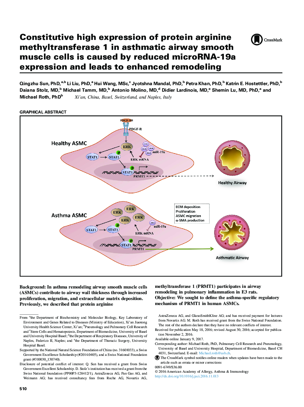 Constitutive high expression of protein arginine methyltransferase 1 in asthmatic airway smooth muscle cells is caused by reduced microRNA-19a expression and leads to enhanced remodeling