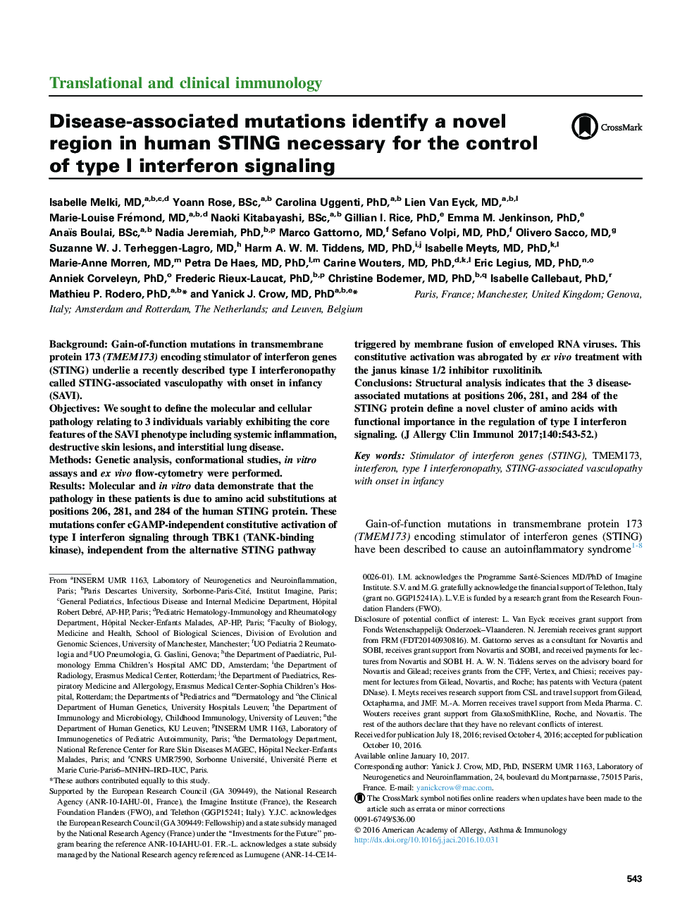 Disease-associated mutations identify a novel region in human STING necessary for the control of type I interferon signaling