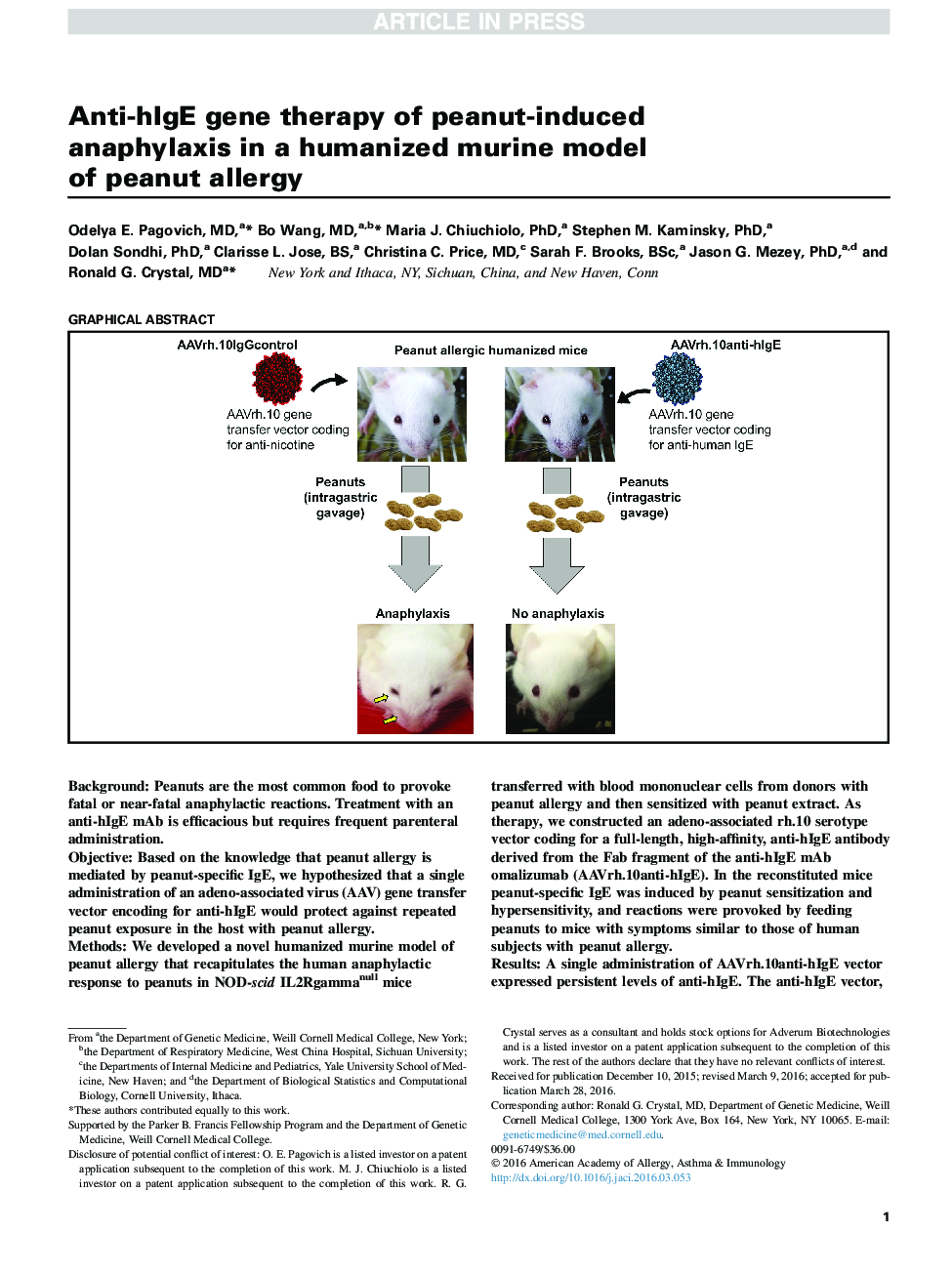 Anti-hIgE gene therapy of peanut-induced anaphylaxis in a humanized murine model of peanut allergy