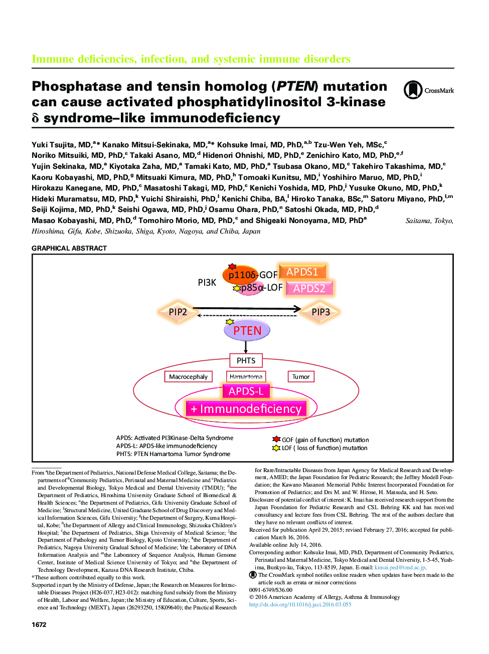 Phosphatase and tensin homolog (PTEN) mutation can cause activated phosphatidylinositol 3-kinase Î´ syndrome-like immunodeficiency