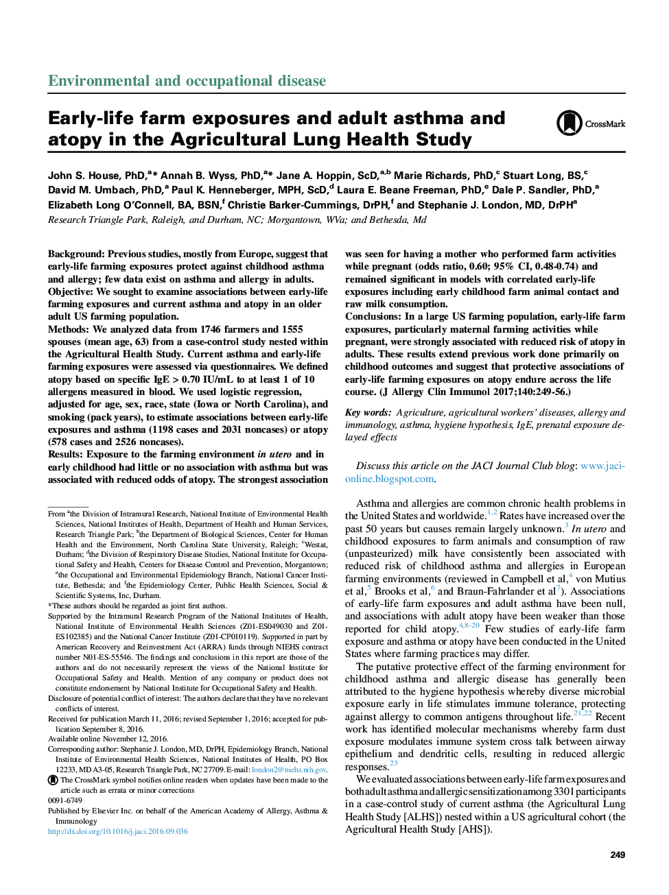 Early-life farm exposures and adult asthma and atopy in the Agricultural Lung Health Study