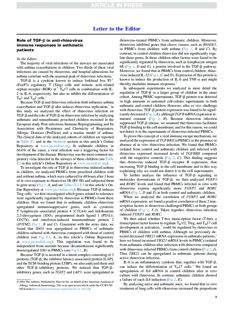 Role of TGF-Î² in anti-rhinovirus immune responses in asthmatic patients