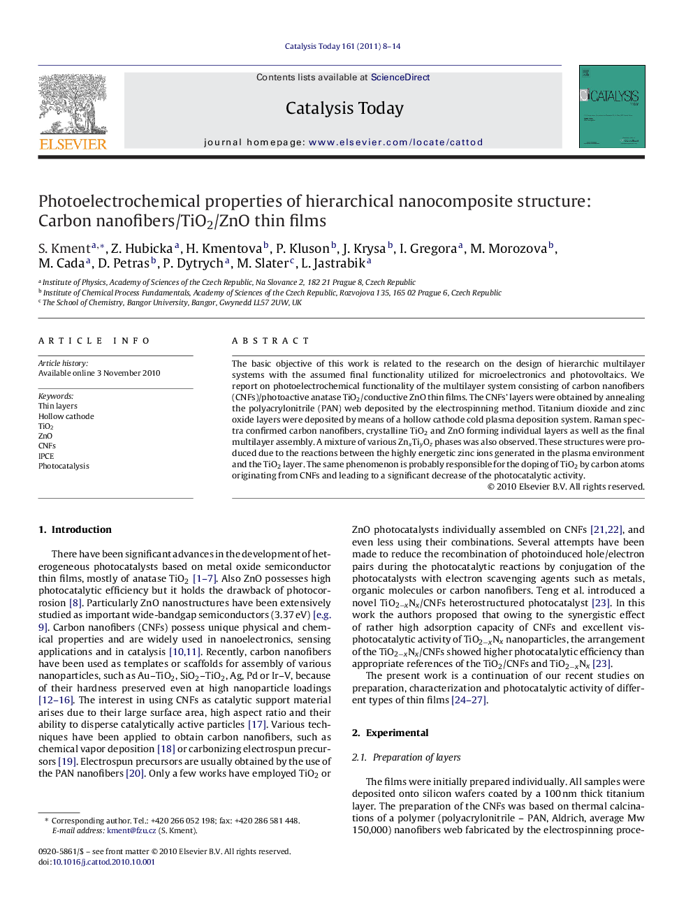 Photoelectrochemical properties of hierarchical nanocomposite structure: Carbon nanofibers/TiO2/ZnO thin films