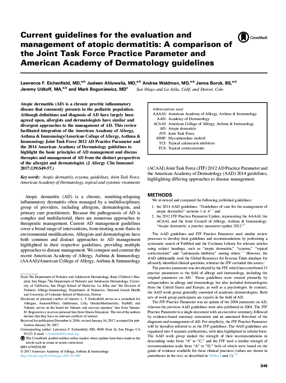 Current guidelines for the evaluation and management of atopic dermatitis: AÂ comparison of the Joint Task Force Practice Parameter and American Academy of Dermatology guidelines