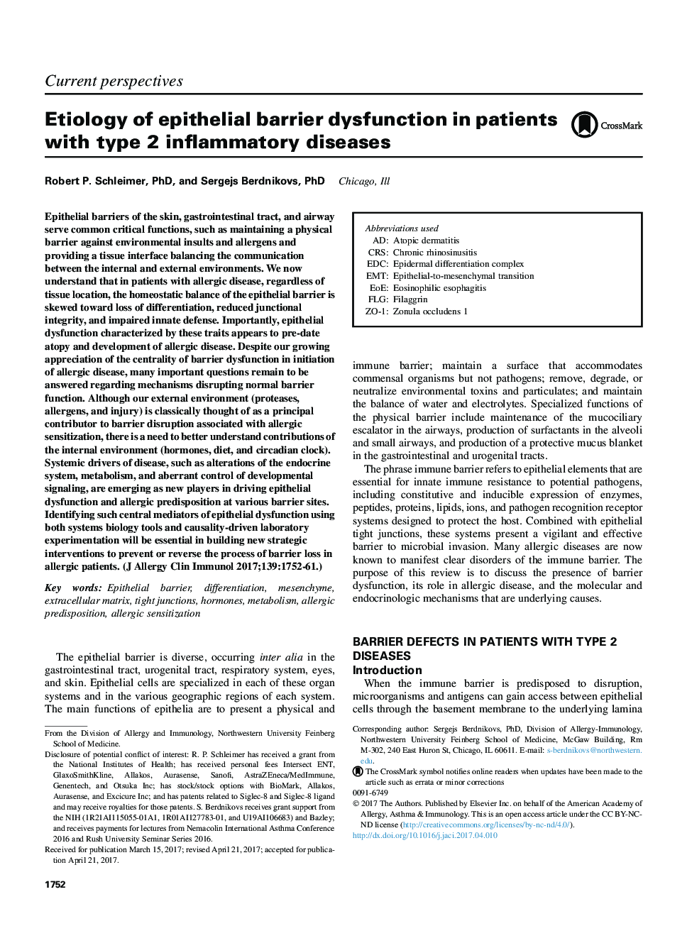 Etiology of epithelial barrier dysfunction in patients with type 2 inflammatory diseases