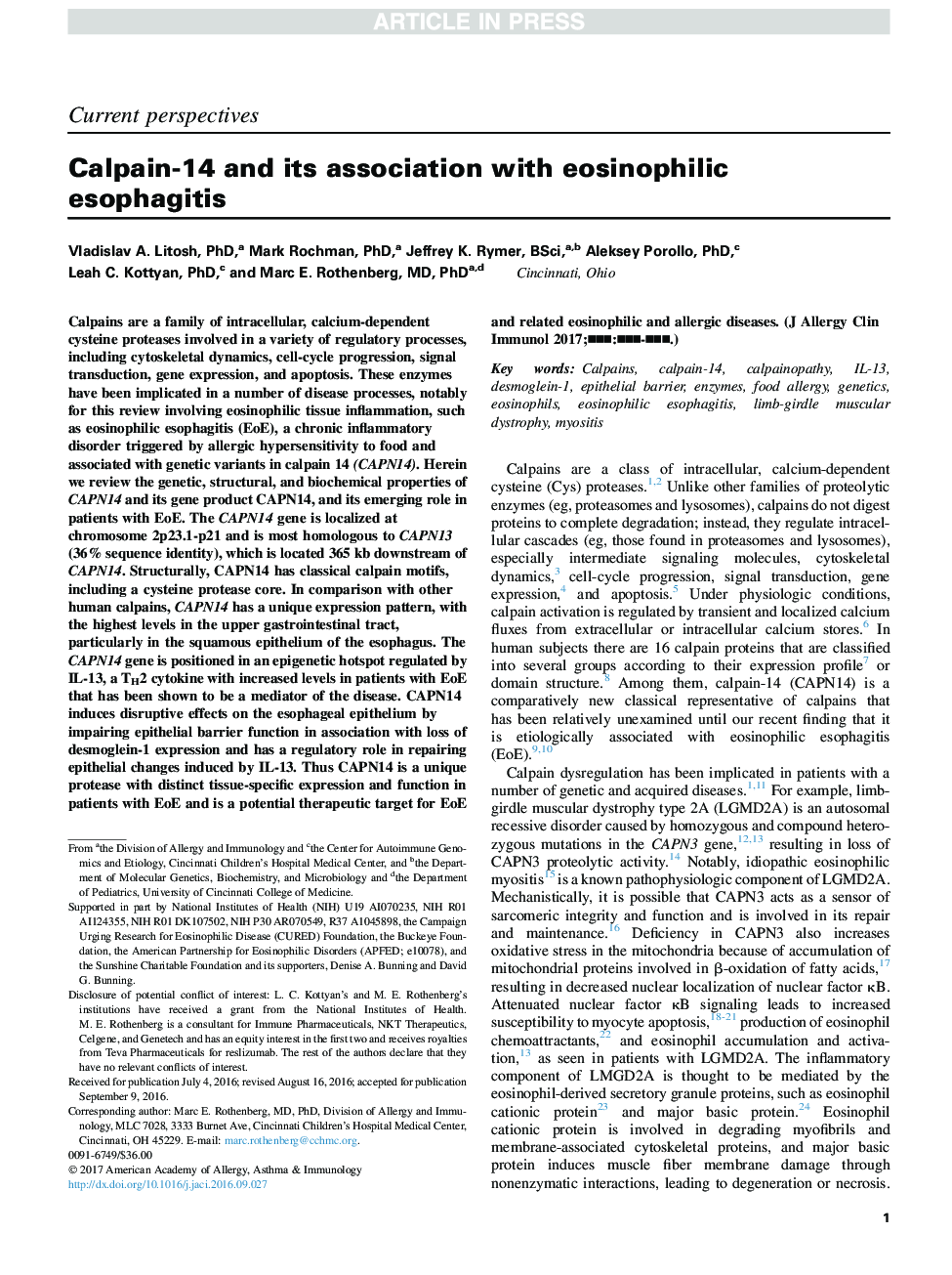 Calpain-14 and its association with eosinophilic esophagitis