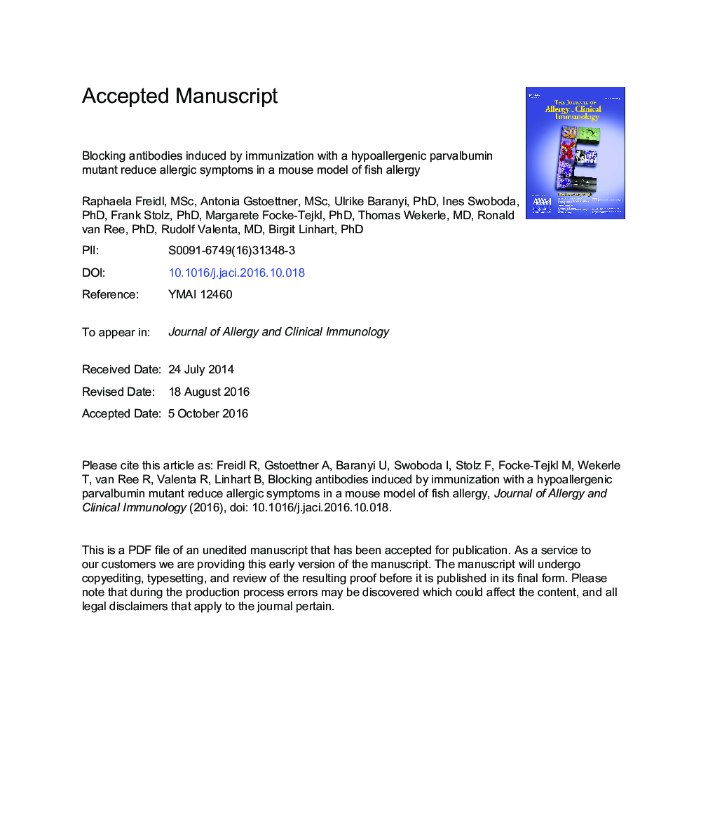 Blocking antibodies induced by immunization with a hypoallergenic parvalbumin mutant reduce allergic symptoms in a mouse model of fish allergy