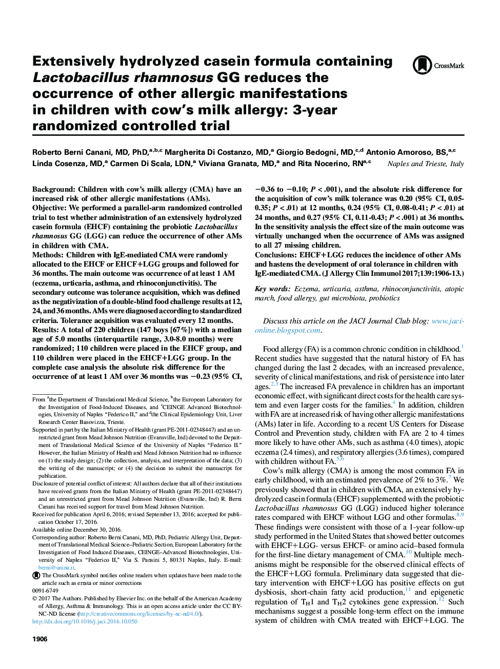 Extensively hydrolyzed casein formula containing Lactobacillus rhamnosus GG reduces the occurrence of other allergic manifestations in children with cow's milk allergy: 3-year randomized controlled trial