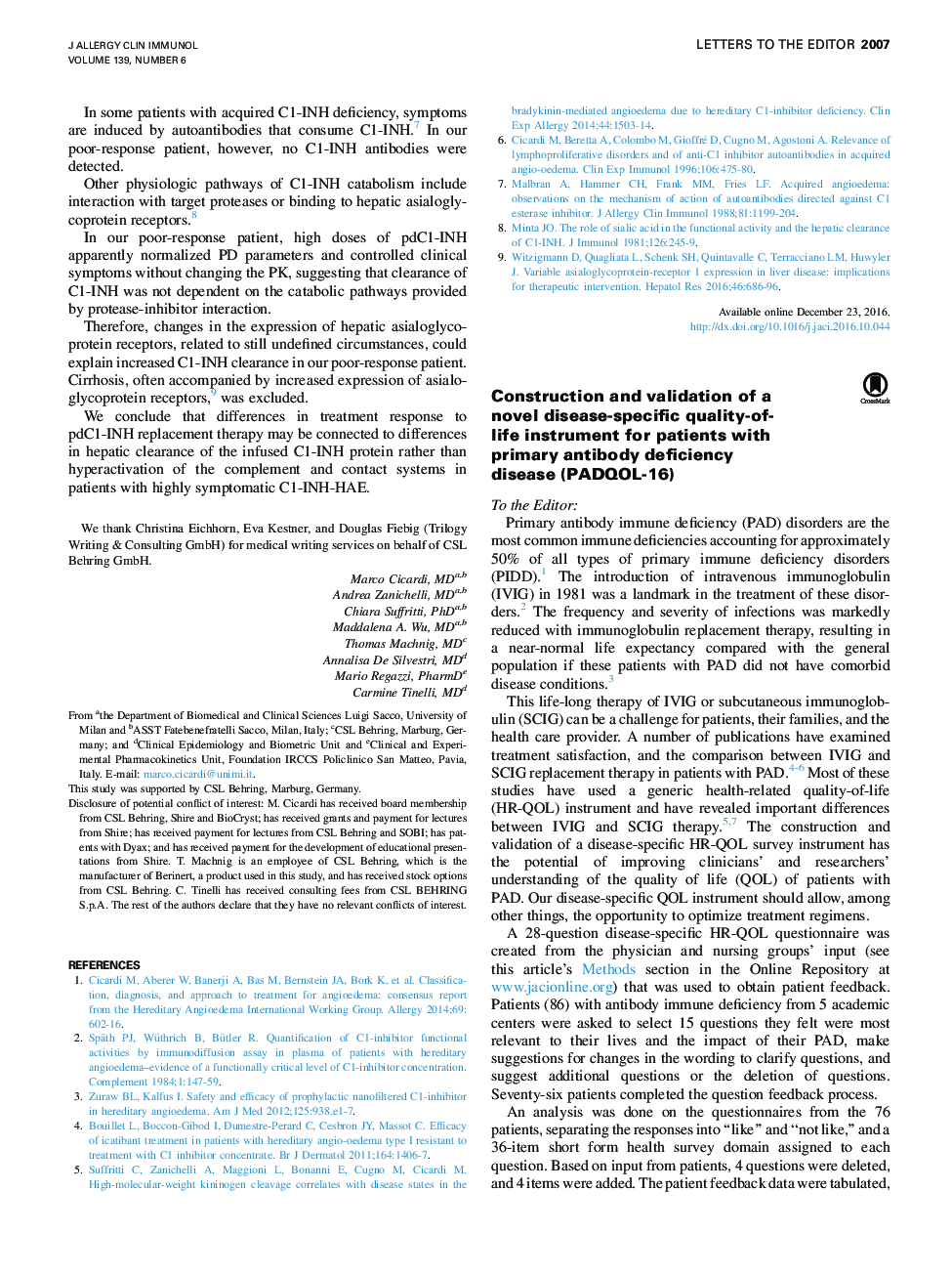 Construction and validation of a novel disease-specific quality-of-life instrument for patients with primary antibody deficiency disease (PADQOL-16)