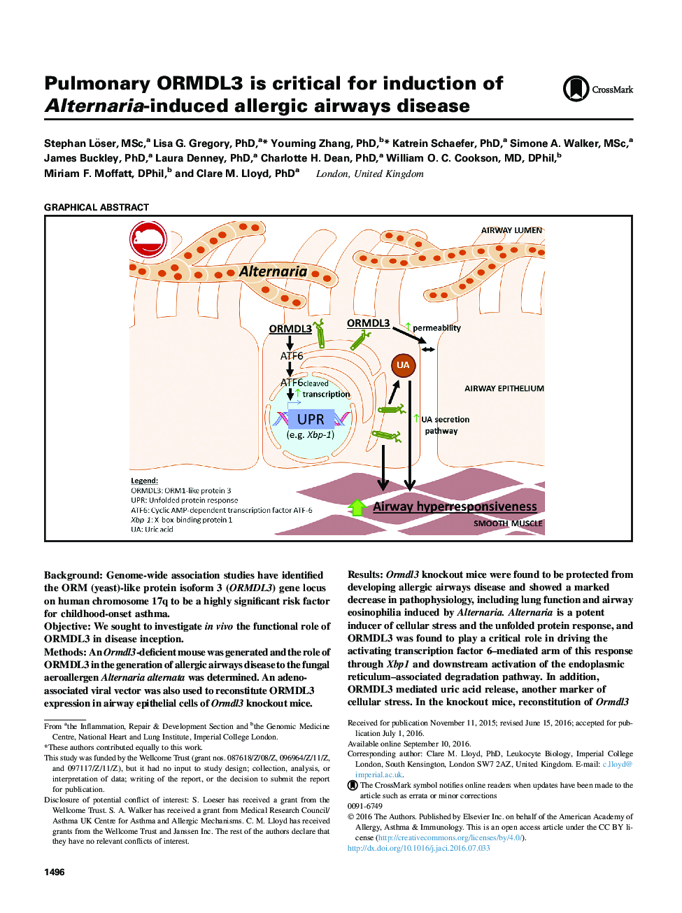 Pulmonary ORMDL3 is critical for induction of Alternaria-induced allergic airways disease