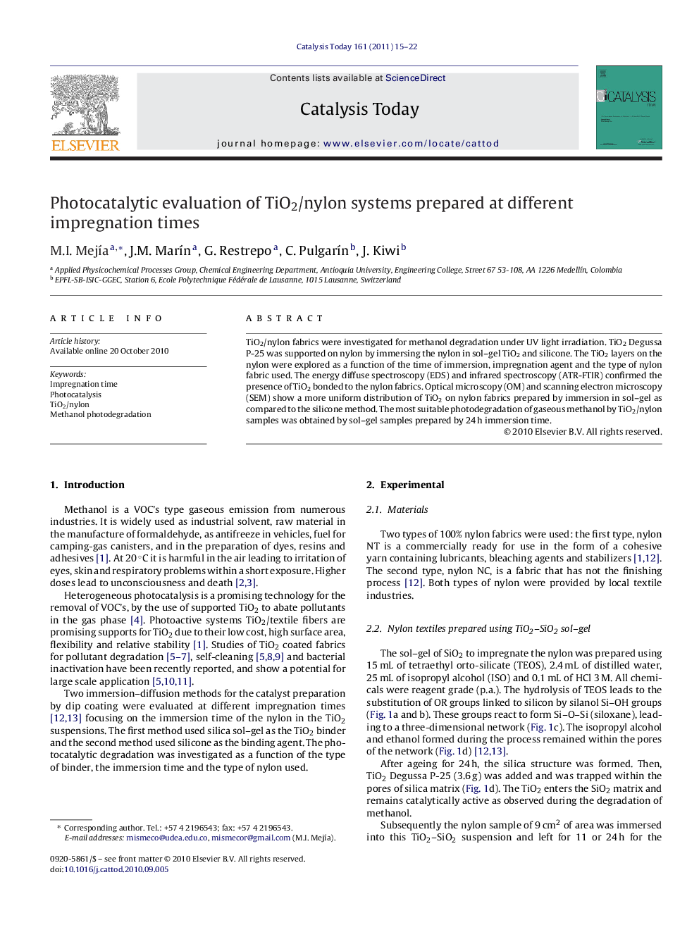 Photocatalytic evaluation of TiO2/nylon systems prepared at different impregnation times