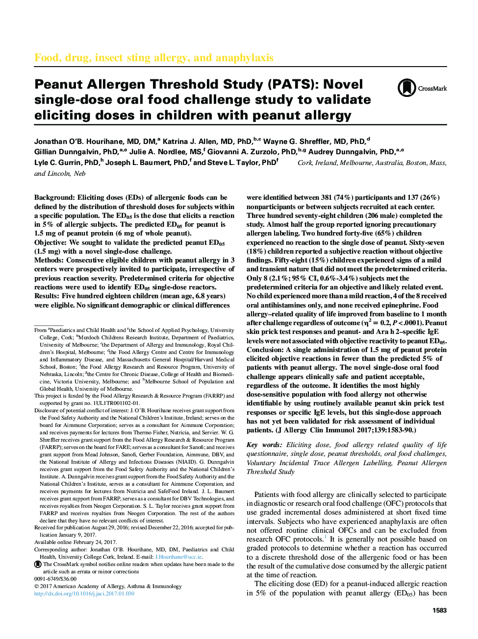 Peanut Allergen Threshold Study (PATS): Novel single-dose oral food challenge study to validate eliciting doses in children with peanut allergy