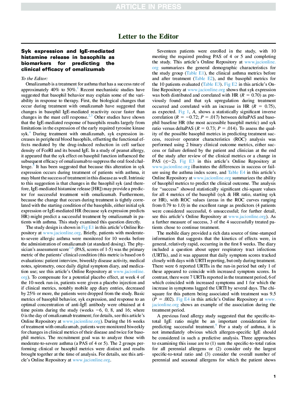 Syk expression and IgE-mediated histamine release in basophils as biomarkers for predicting the clinical efficacy of omalizumab