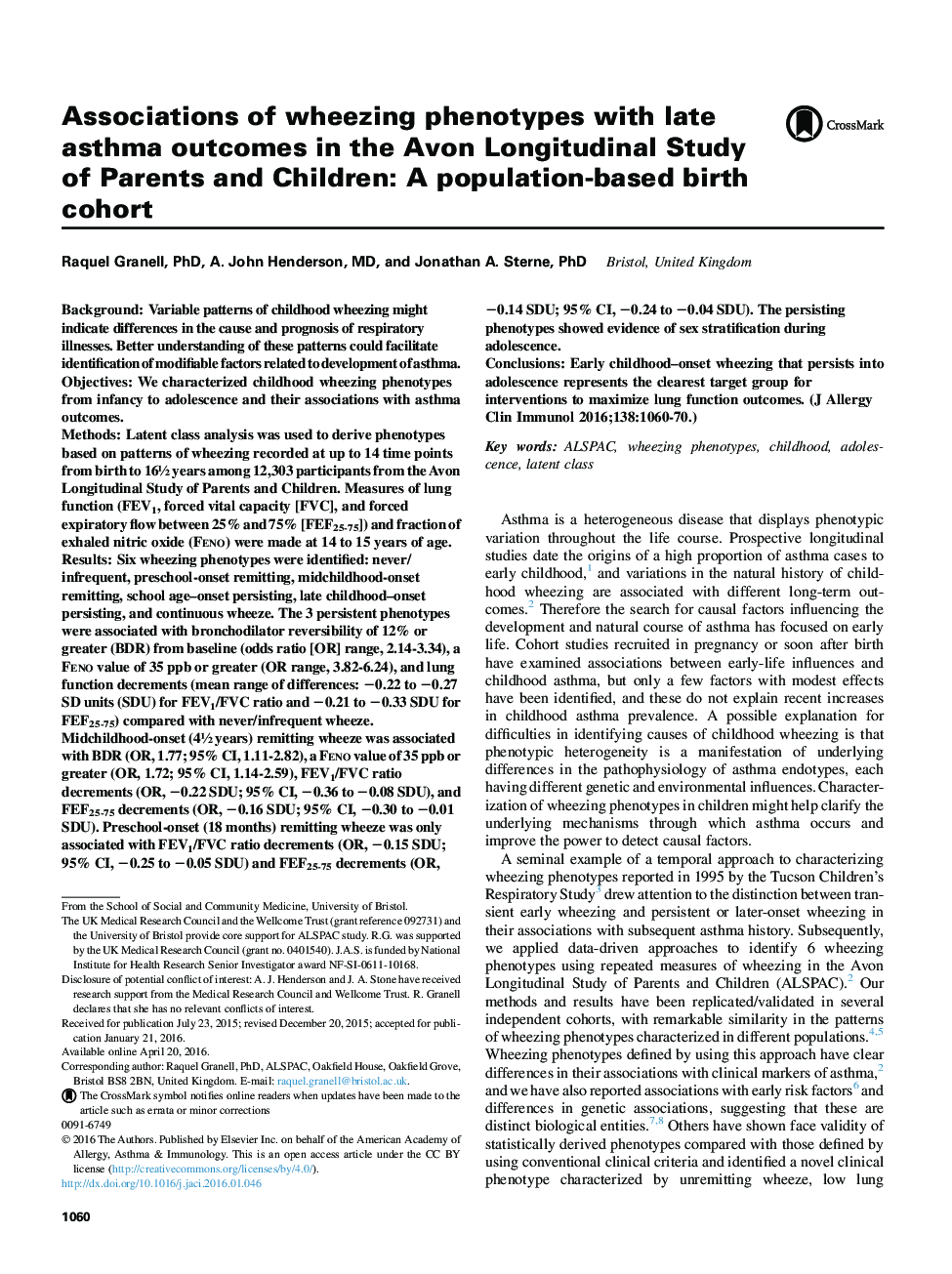 Associations of wheezing phenotypes with late asthma outcomes in the Avon Longitudinal Study of Parents and Children: AÂ population-based birth cohort