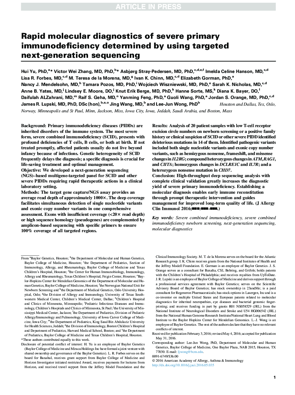 Rapid molecular diagnostics of severe primary immunodeficiency determined by using targeted next-generation sequencing