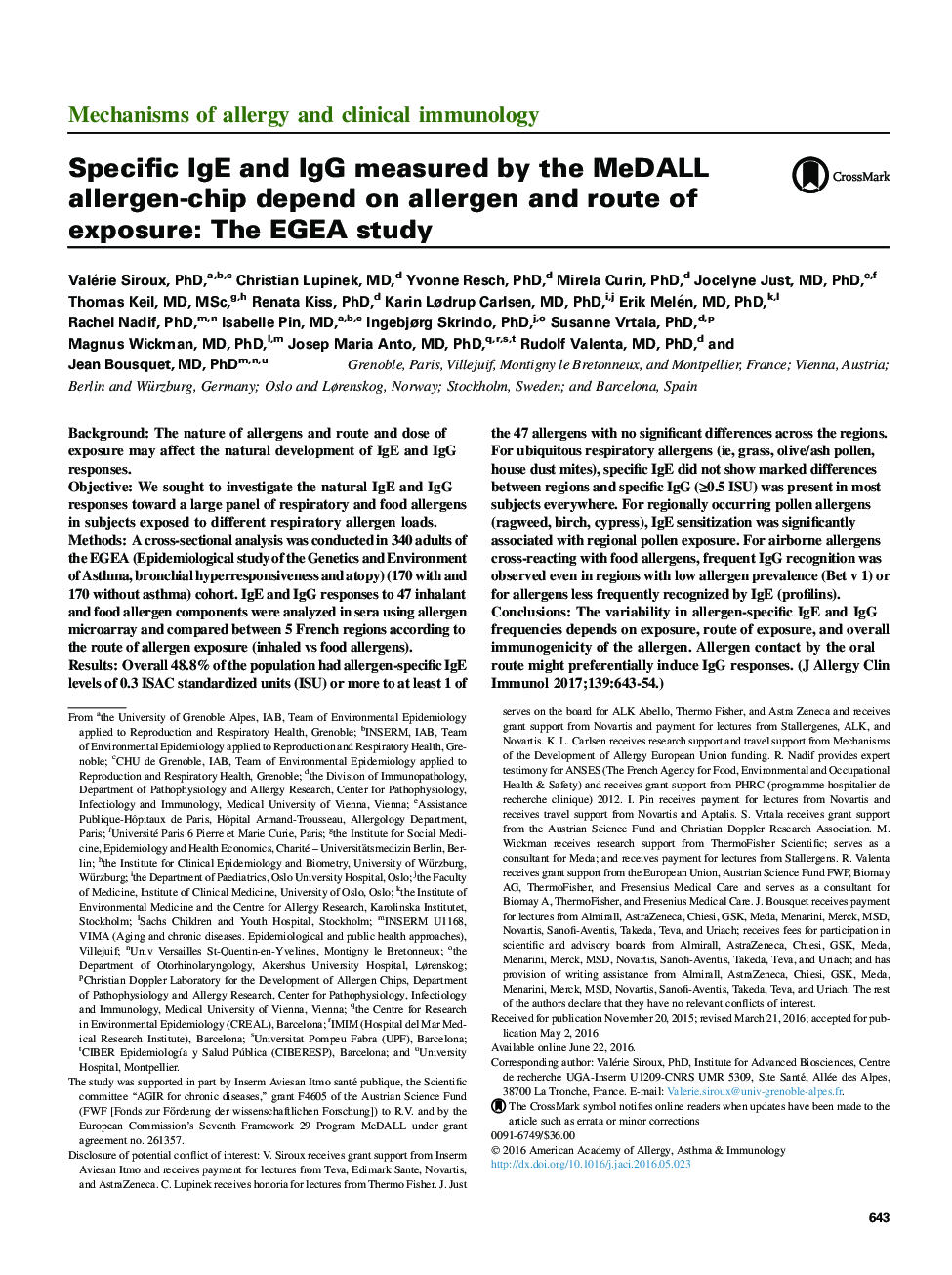 Specific IgE and IgG measured by the MeDALL allergen-chip depend on allergen and route of exposure: The EGEA study
