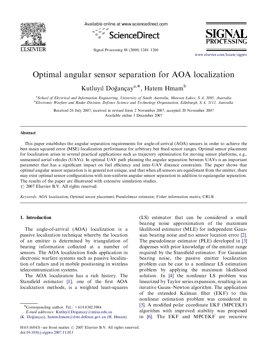 Optimal angular sensor separation for AOA localization