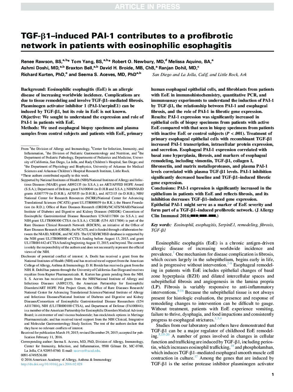 TGF-Î²1-induced PAI-1 contributes to a profibrotic network in patients with eosinophilic esophagitis