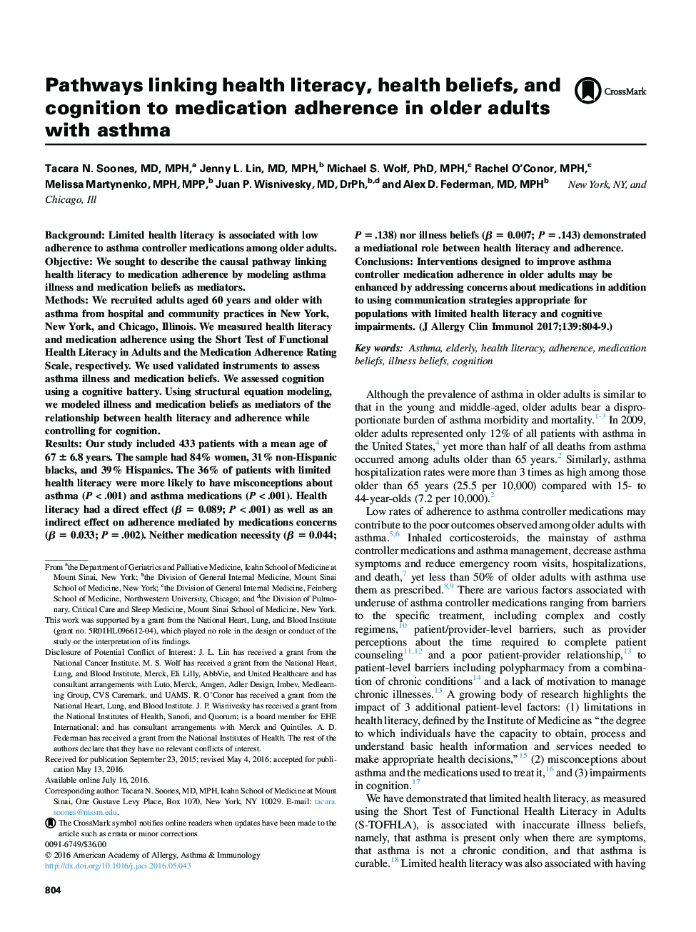 Pathways linking health literacy, health beliefs, and cognition to medication adherence in older adults with asthma