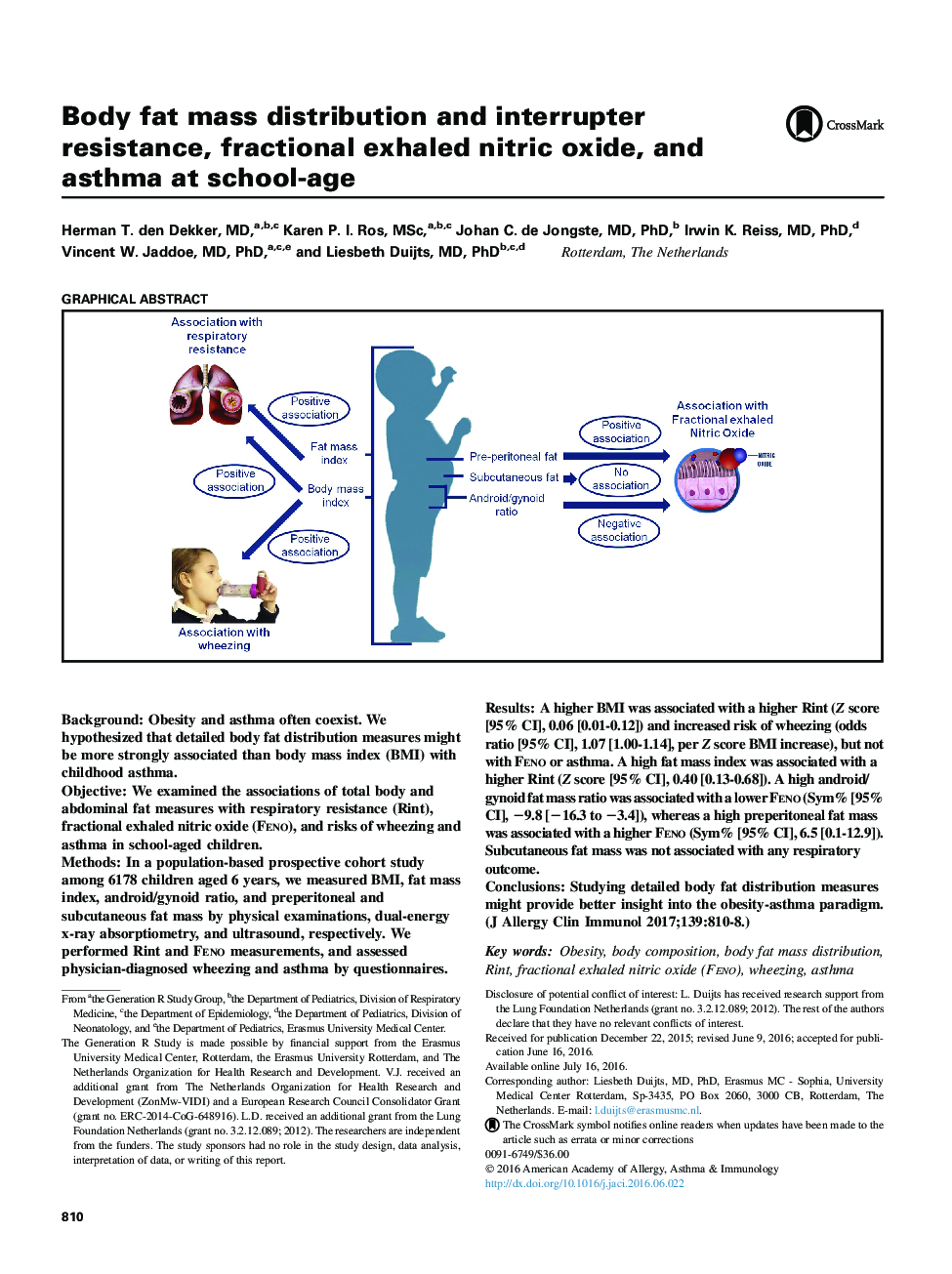 Body fat mass distribution and interrupter resistance, fractional exhaled nitric oxide, and asthma at school-age