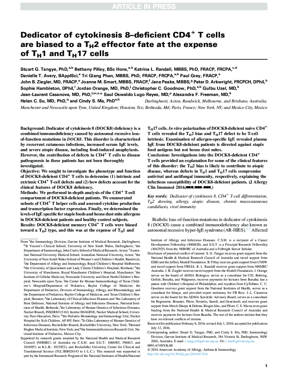 Dedicator of cytokinesis 8-deficient CD4+ TÂ cells are biased to a TH2 effector fate at the expense of TH1 and TH17Â cells