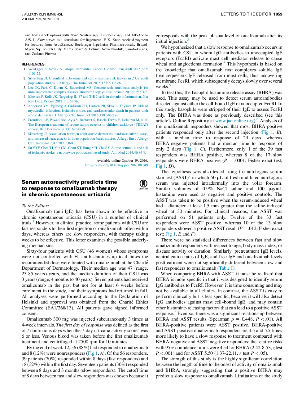 Serum autoreactivity predicts time to response to omalizumab therapy in chronic spontaneous urticaria