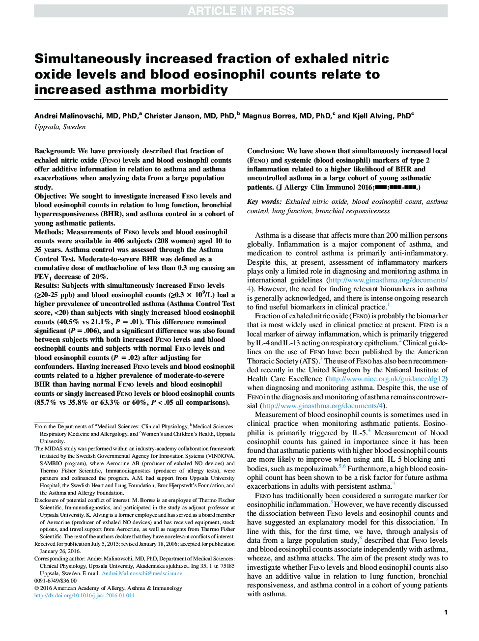 Simultaneously increased fraction of exhaled nitric oxide levels and blood eosinophil counts relate to increased asthma morbidity