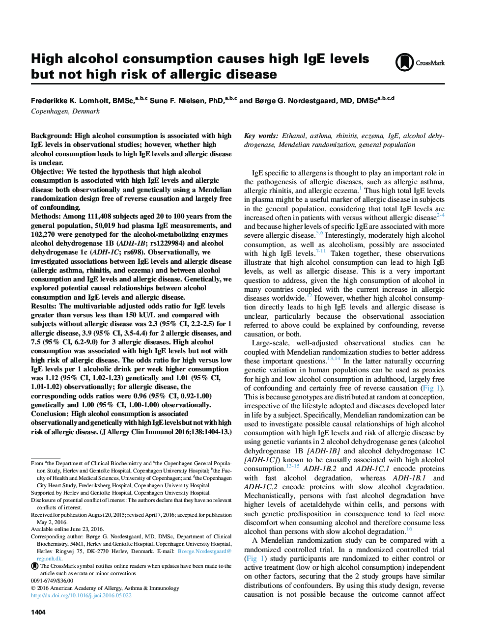 High alcohol consumption causes high IgE levels but not high risk of allergic disease