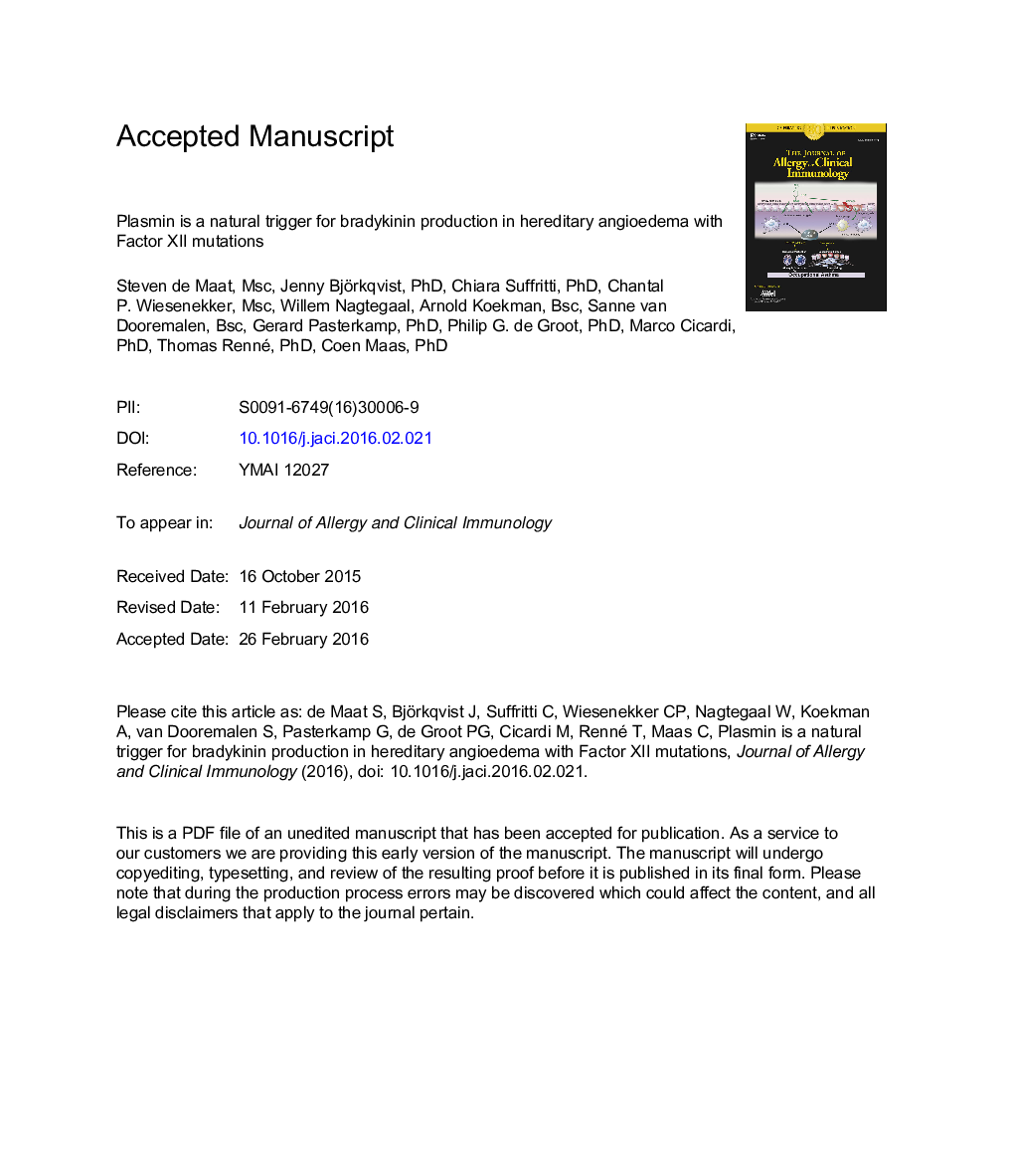 Plasmin is a natural trigger for bradykinin production in patients with hereditary angioedema with factor XII mutations