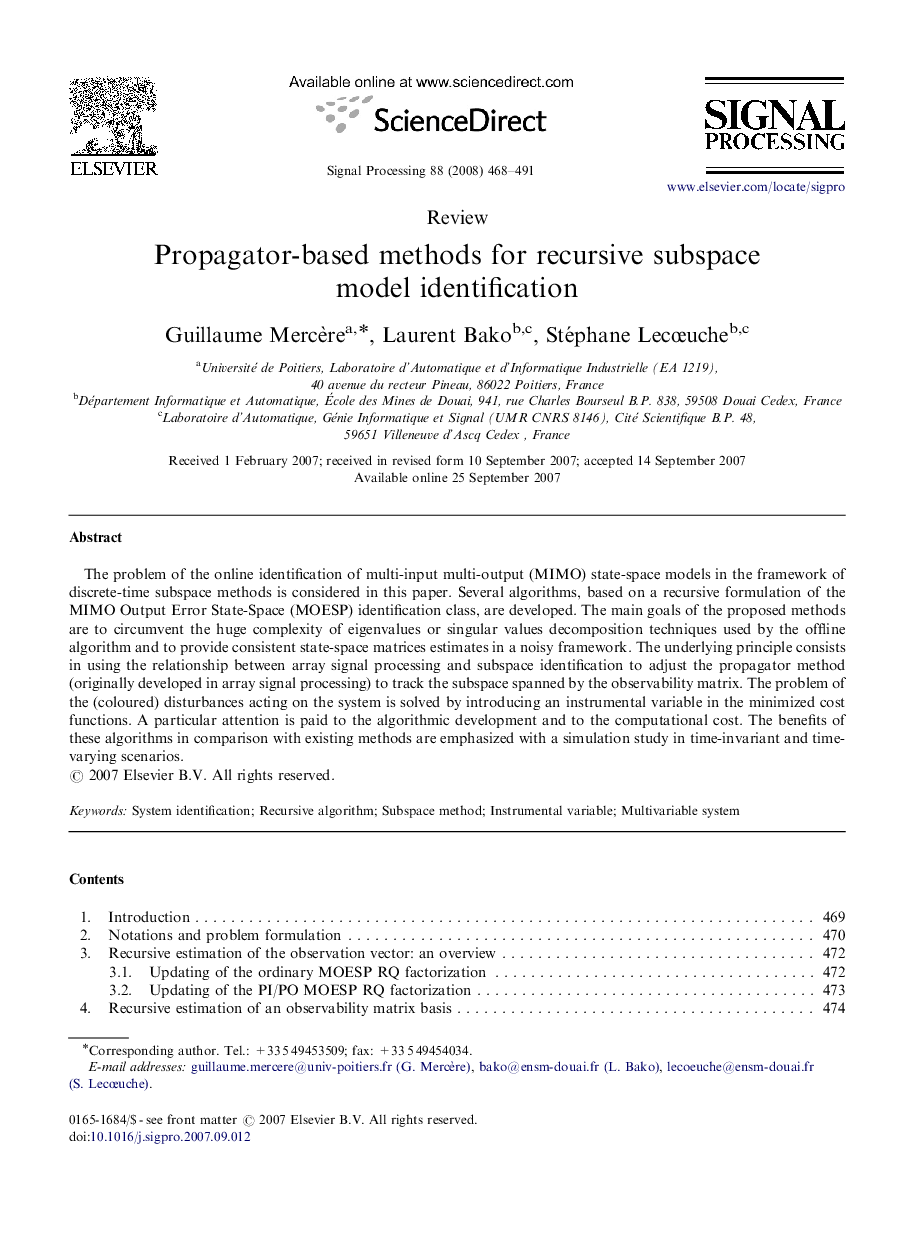 Propagator-based methods for recursive subspace model identification