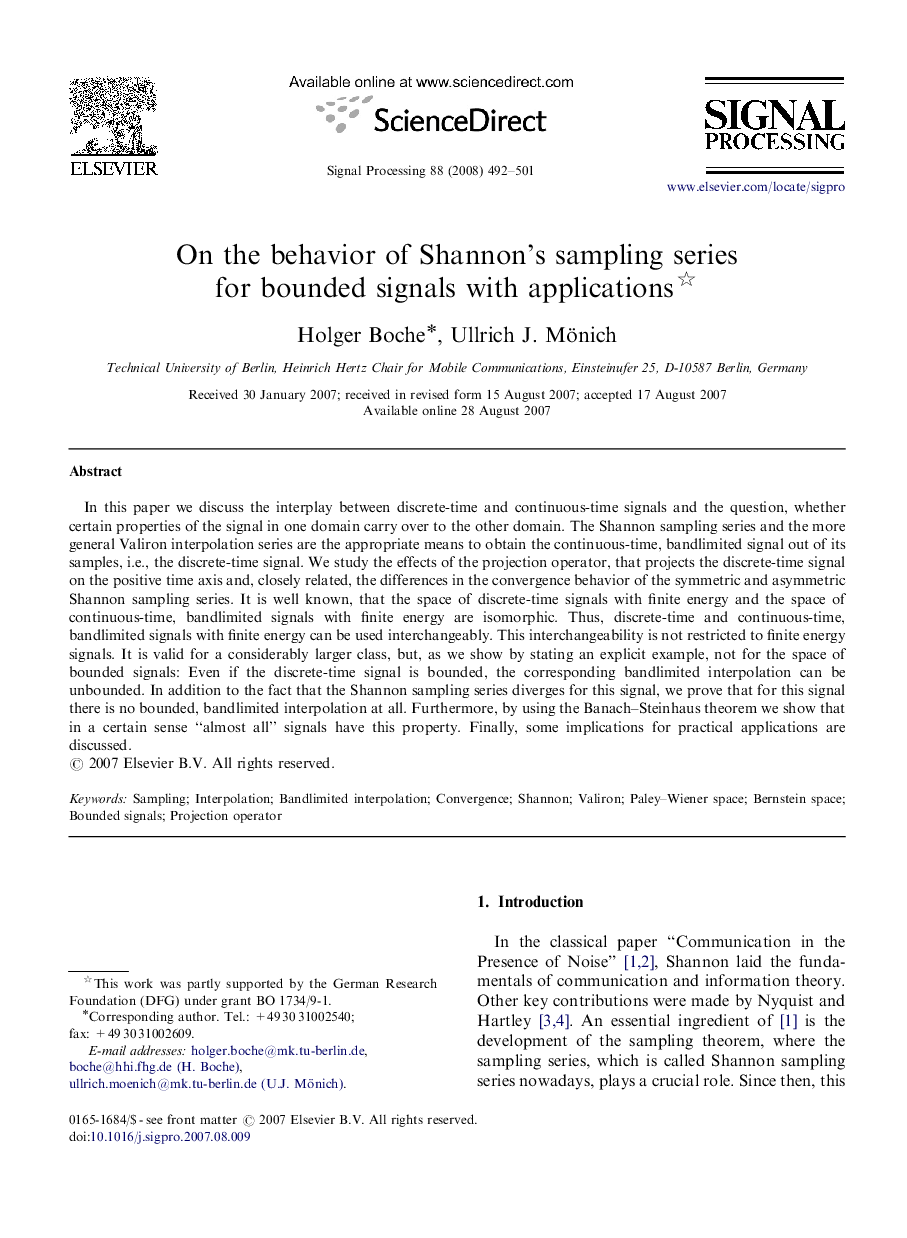 On the behavior of Shannon's sampling series for bounded signals with applications