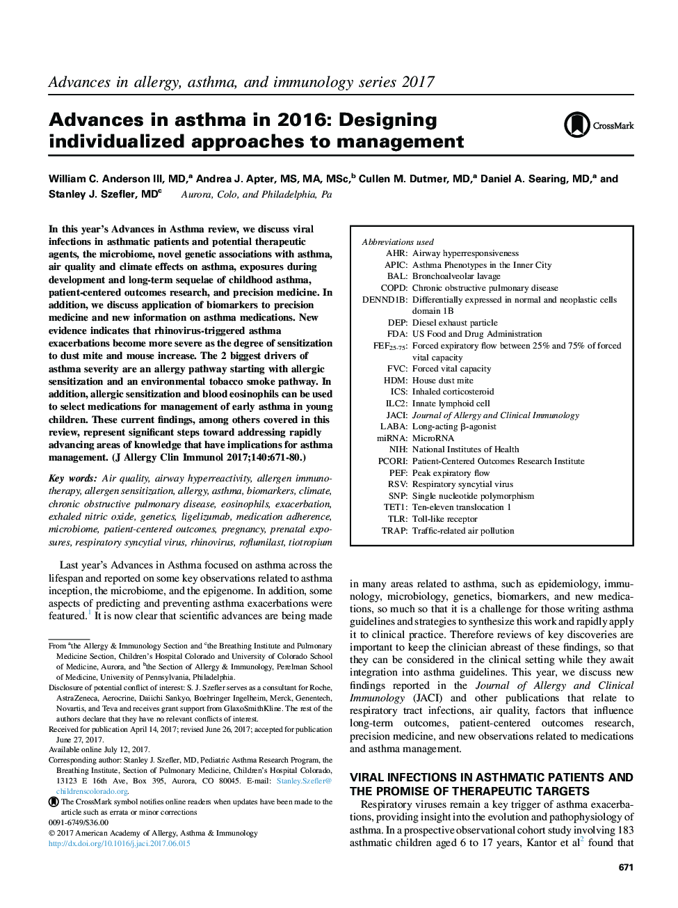 Advances in asthma in 2016: Designing individualized approaches to management