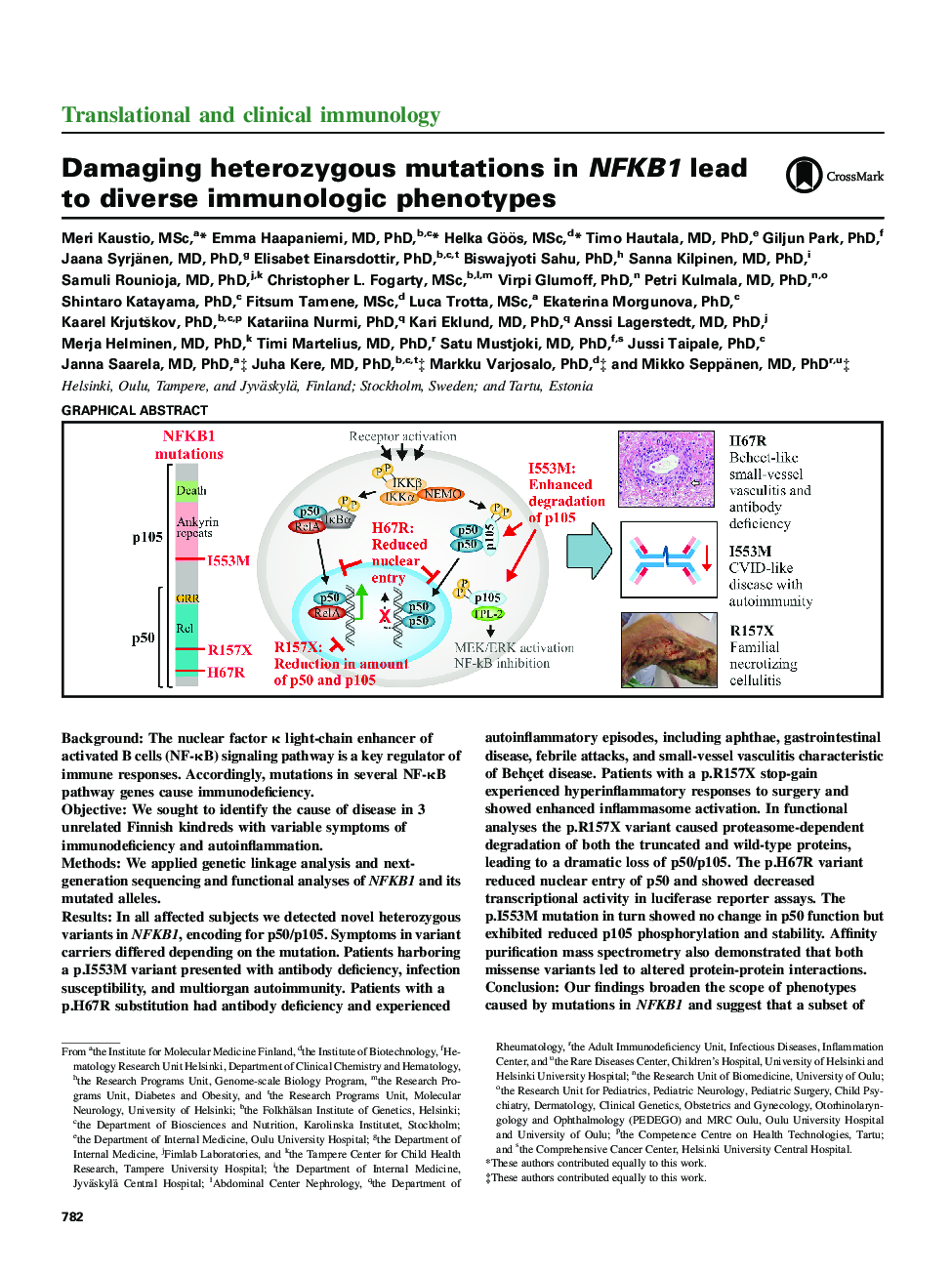 Damaging heterozygous mutations in NFKB1 lead to diverse immunologic phenotypes