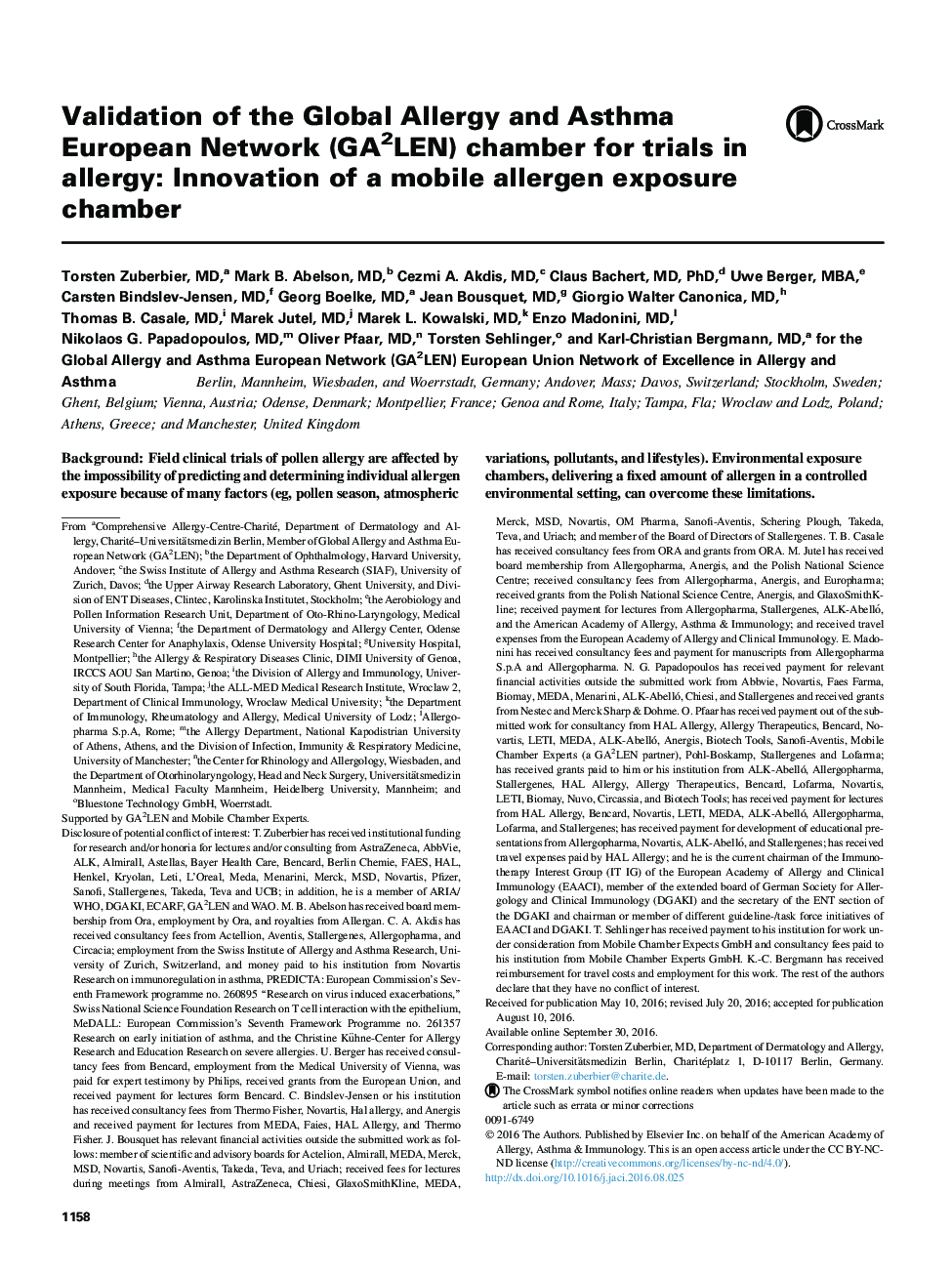 Validation of the Global Allergy and Asthma European Network (GA2LEN) chamber for trials in allergy: Innovation of a mobile allergen exposure chamber