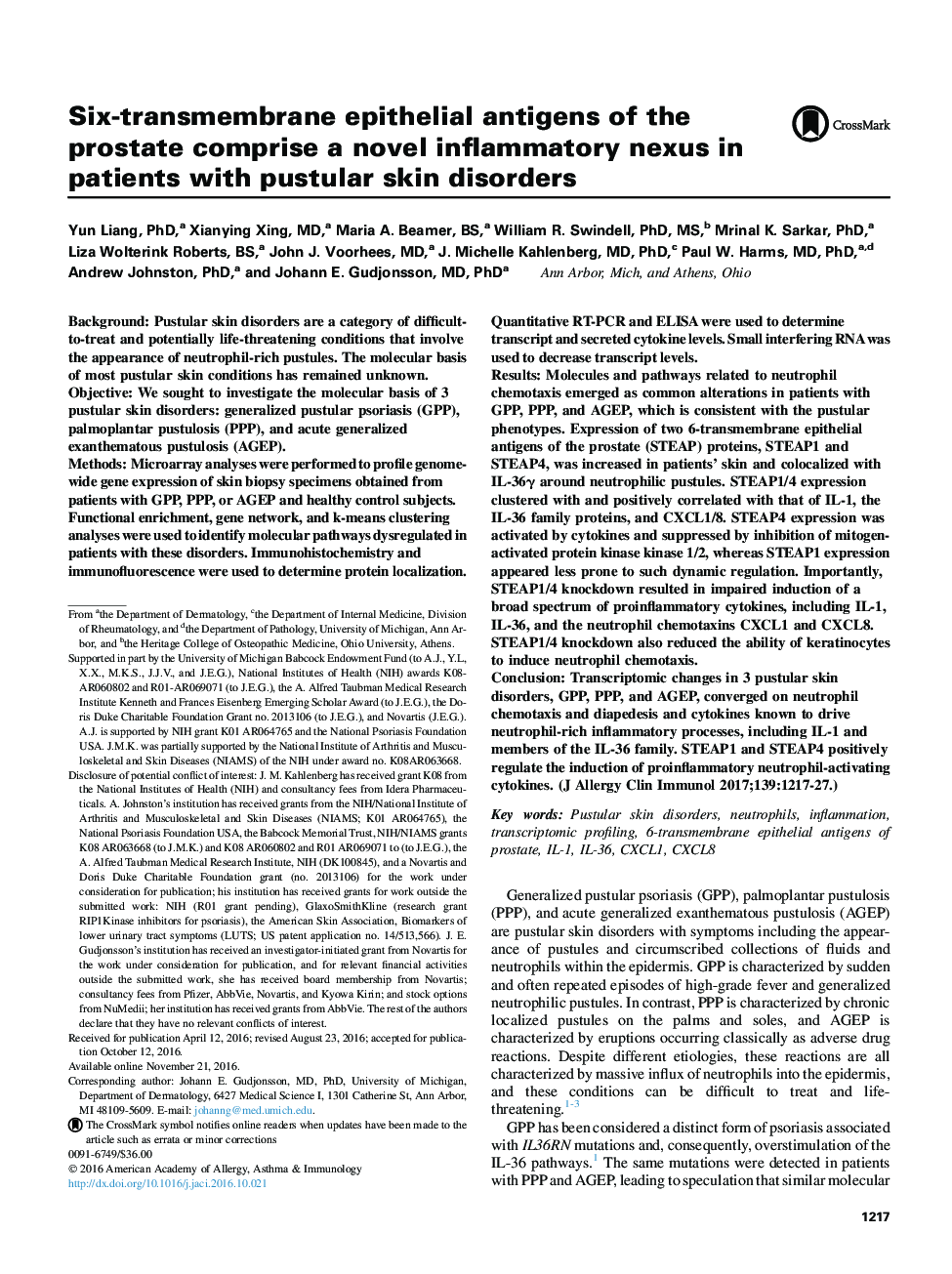 Six-transmembrane epithelial antigens of the prostate comprise a novel inflammatory nexus in patients with pustular skin disorders