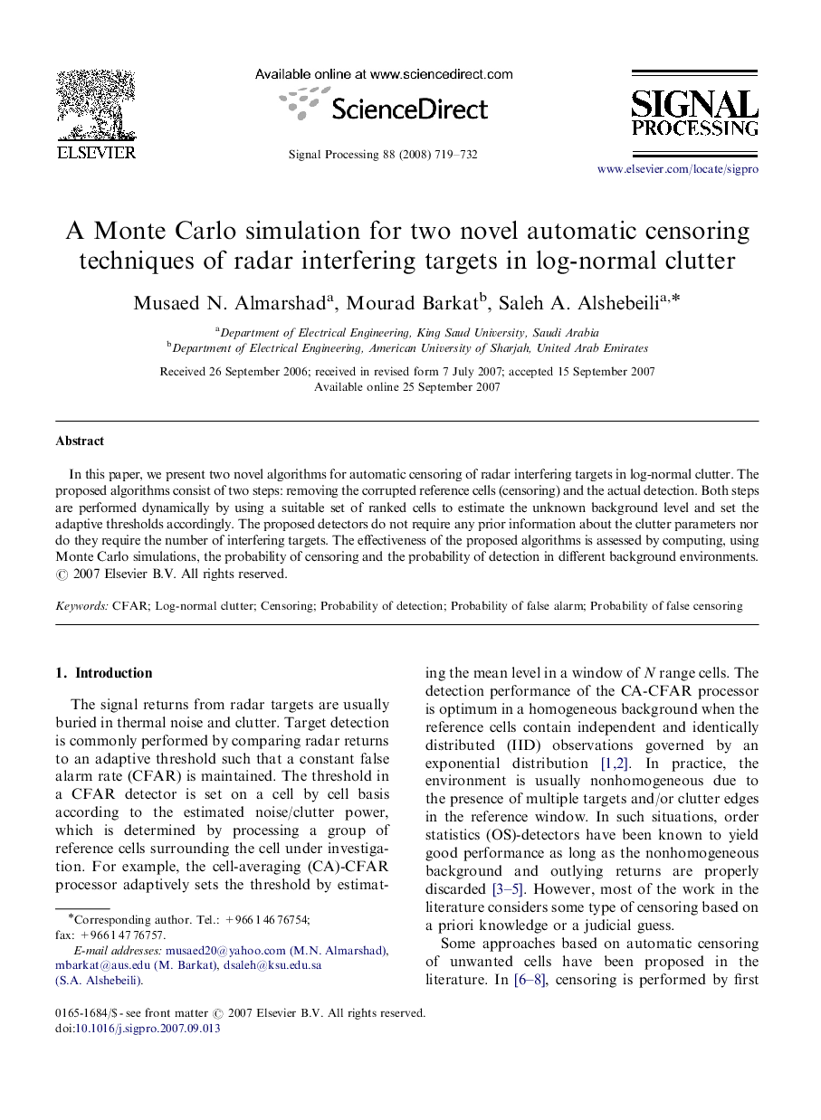 A Monte Carlo simulation for two novel automatic censoring techniques of radar interfering targets in log-normal clutter