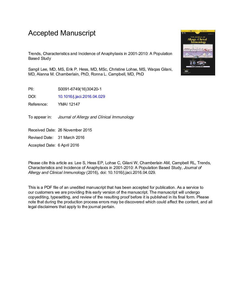 Trends, characteristics, and incidence of anaphylaxis in 2001-2010: AÂ population-based study