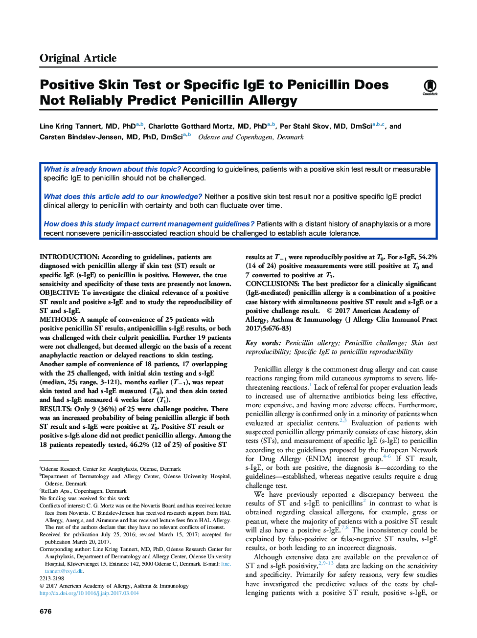 عکس صفحه اول مقاله: Positive Skin Test or Specific IgE to Penicillin Does Not Reliably Predict Penicillin Allergy Positive Skin Test or Specific IgE to Penicillin Does Not Reliably Predict Penicillin Allergy