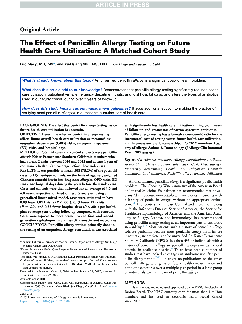 The Effect of Penicillin Allergy Testing on Future Health Care Utilization: A Matched Cohort Study