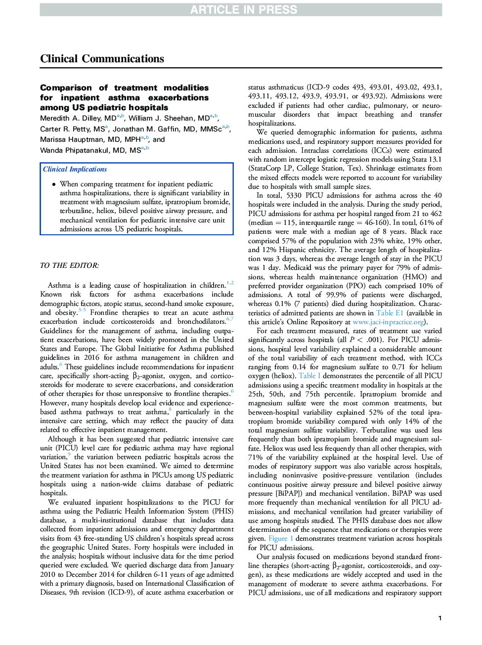 Comparison of treatment modalities for inpatient asthma exacerbations among US pediatric hospitals