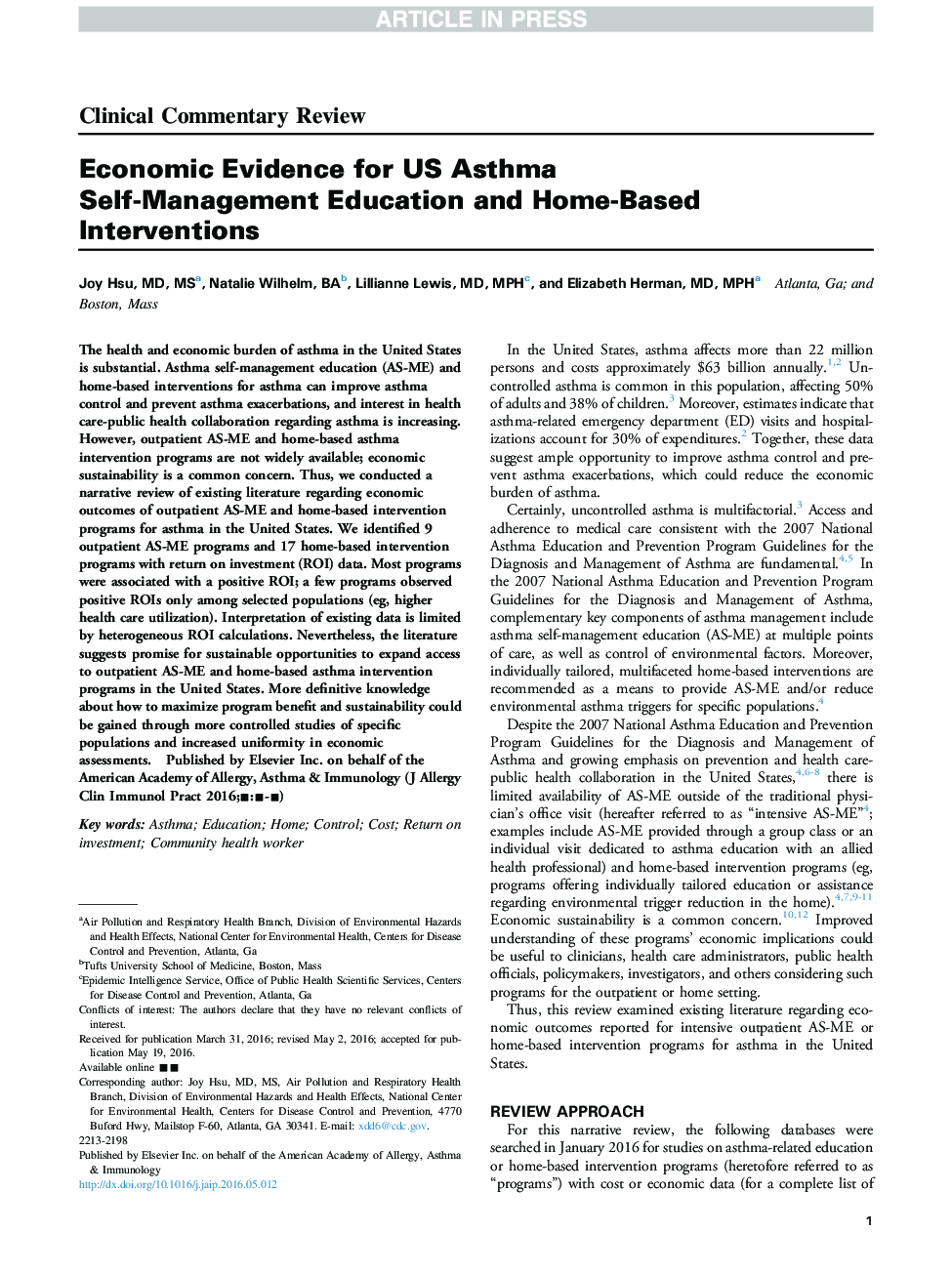 Economic Evidence for US Asthma Self-Management Education and Home-Based Interventions