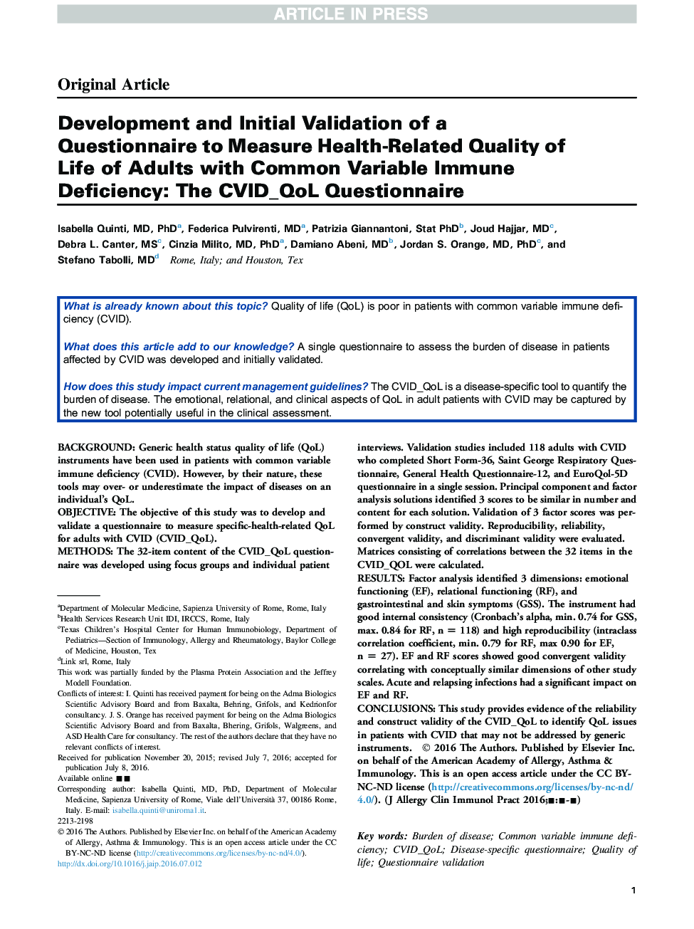 Development and Initial Validation of a Questionnaire to Measure Health-Related Quality of Life of Adults with Common Variable Immune Deficiency: The CVID_QoL Questionnaire